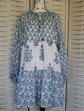 Oliphant Boho Neck Tie Wide Sleeves White Cotton Top with Subtle Lavender Print